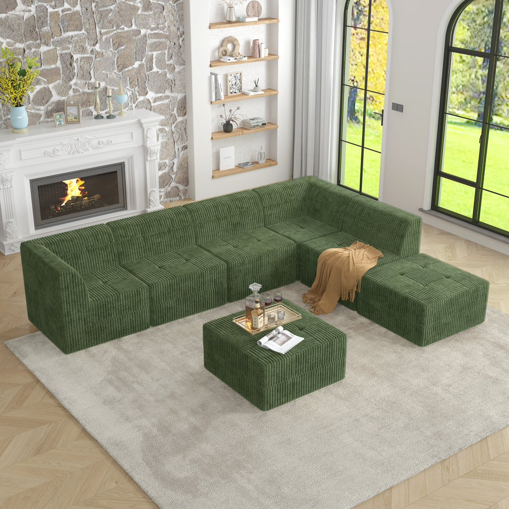 L shape Modular Sectional Sofa,DIY Compressed Sectional Sofa Modern Minimalist Style Corduroy Couch, Sleeper Sofa for Living Room, Bedroom, Comfy Compressed Sofa Couch Space-Efficient Design-GREEN