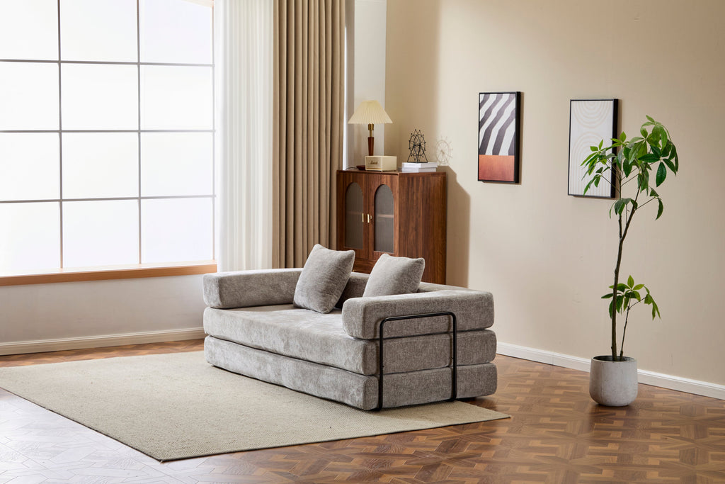 Floor Couch,Compression Sofa,Convertible Floor Sofa Bed-with Pillow Back Support Armrest,Comfy Futon Couch Lounge Sleeper Bed,Chenille fabric,for Living Room Bedroom (LIGHT-GREY)