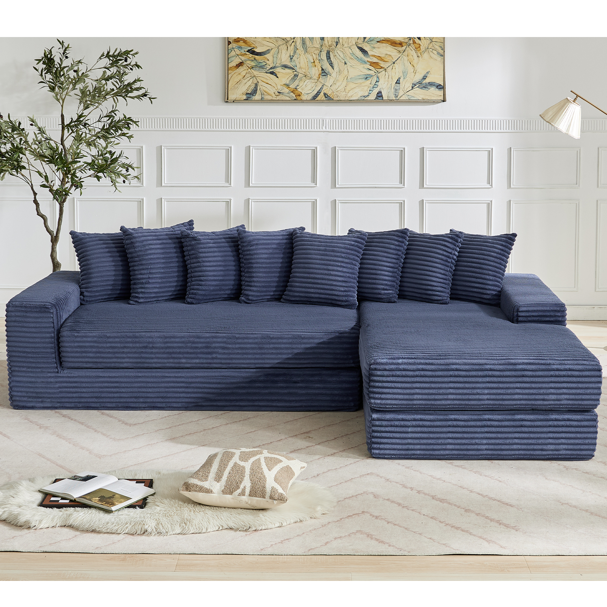 [NEW ARRIVED] [VIDEO PROVIDED] Oversize Cloud Sectional Couch, L-Shape Sofa, Convertible Floor Sleeper Sofa Bed, No Assembly ,Eight pillows,3-in-1,Magazine bag,(Right Facing Sofa),3 Seat,Corduroy,Blue
