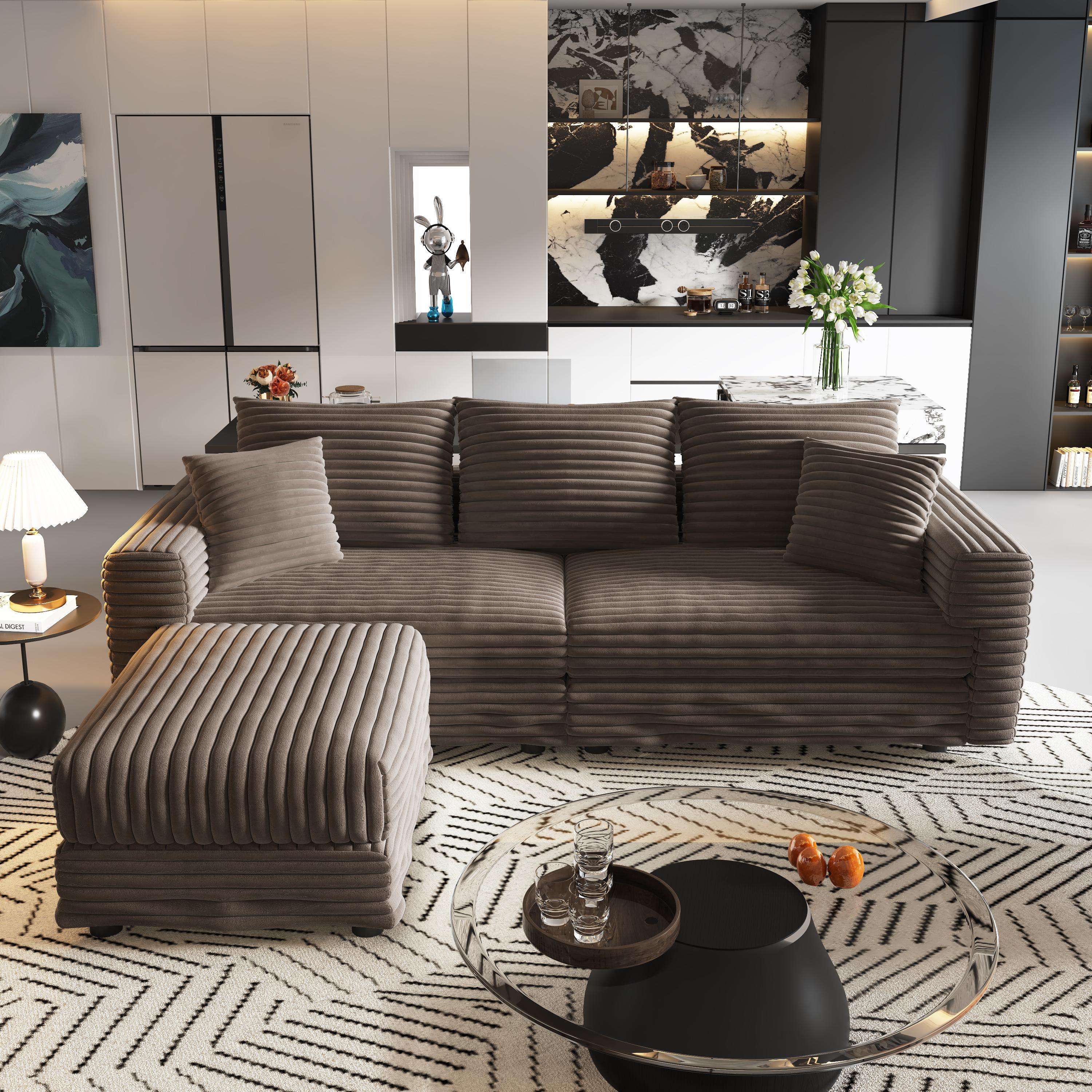 82.7 ' Plush Corduroy 3-Seat Sofa, Modern Comfy Upholstered Sofa Cloud Couch, Deep Seat Couches with Soft Pillows and 1 Ottomans, Convertible Sofa Lounge Chair, for Living Room,Apartment,Office,Camel
