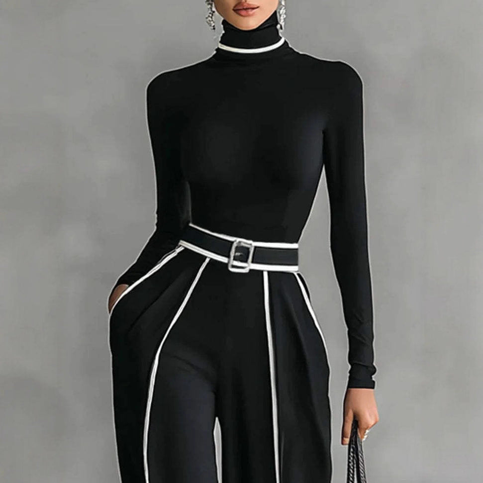 Women's Creative Elegant Stand Collar Contrast Color Binding Long-sleeved Knitted Wide-leg Pants Suit (see size chart under more details)