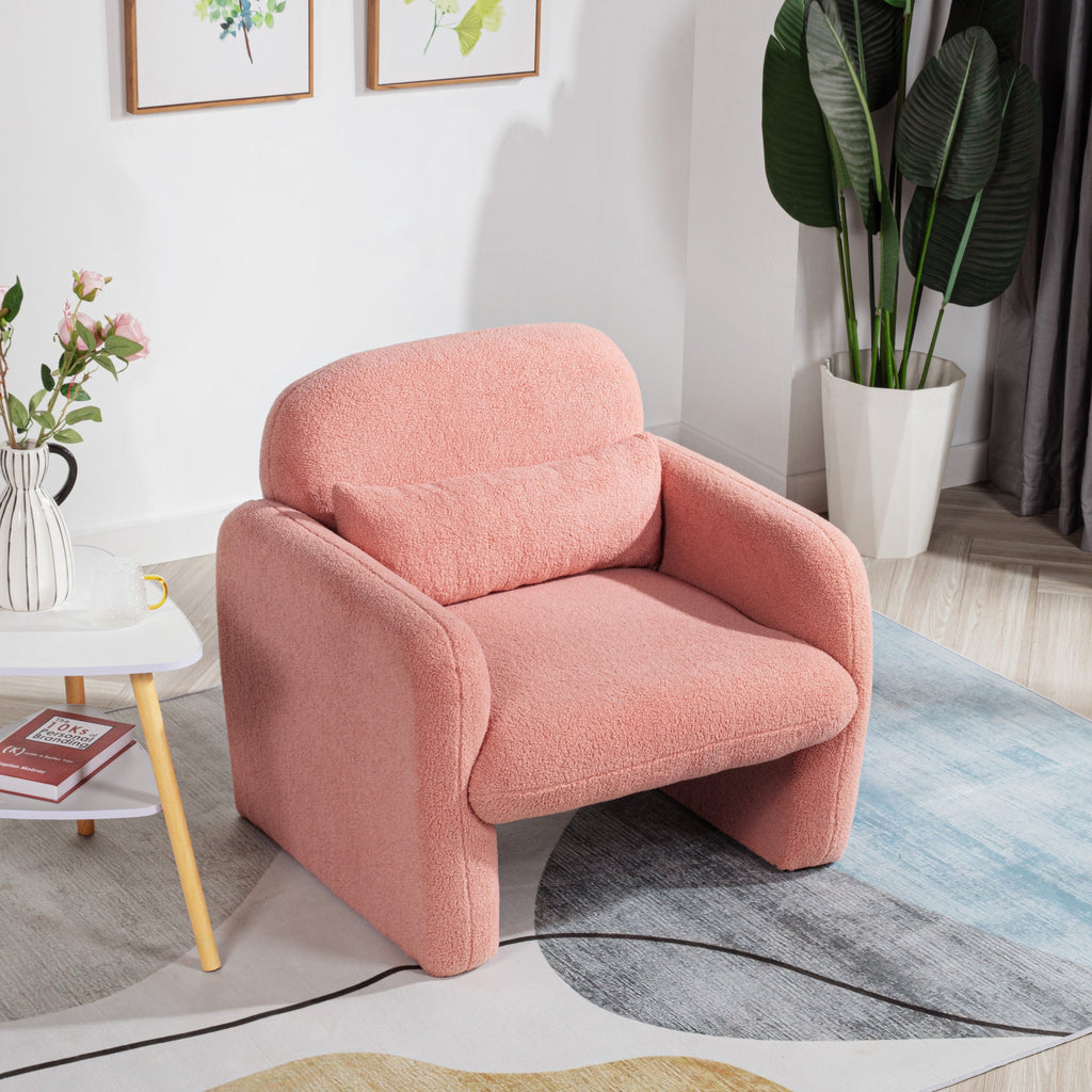 Stylish and Minimalist Teddy Fleece Single Sofa Chair with Arms and Pillow, Armchair, Accent Chair for Living Room, Bedroom, Study,Pink