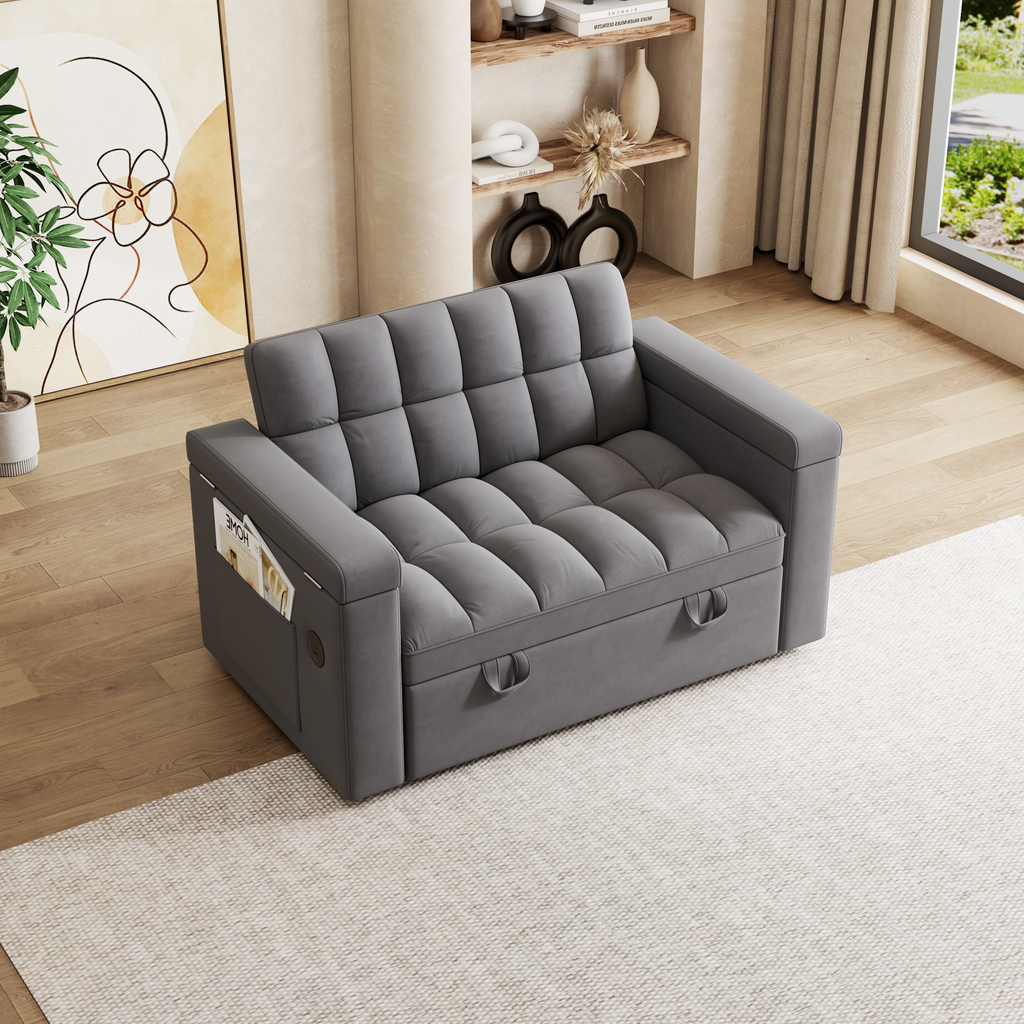 65-inch 3-in-1 foldable large-sized computer desk sofa bed, modern velvet double sofa, sofa bed with adjustable backrest, storage bag and pillow, hidden living room laptop desk, with USB port