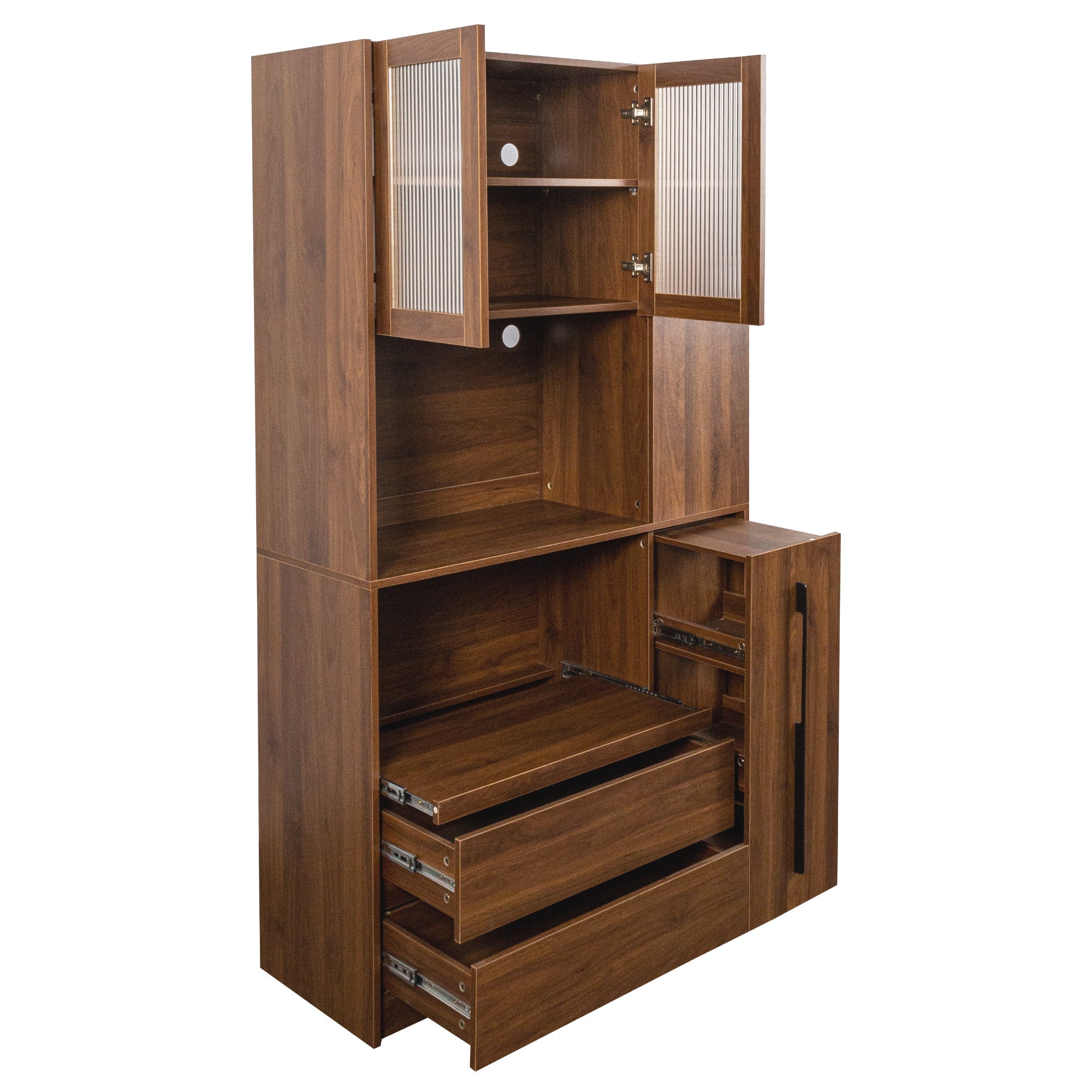 70.87' Tall Kitchen Pantry Cabinet with multi-functional pull-out multi-tier storage shelf,  4-Tier side Shelf, 2 Drawers,with Glass Door,Freestanding Food Hutch with Microwave Stand for Dining Room