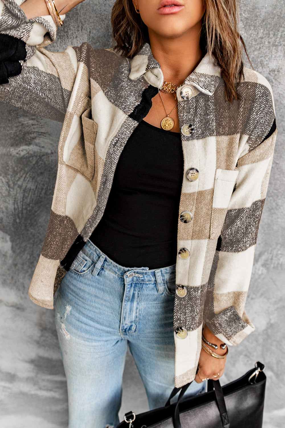 Plaid Button-Up Long Sleeve Pocketed Shacket