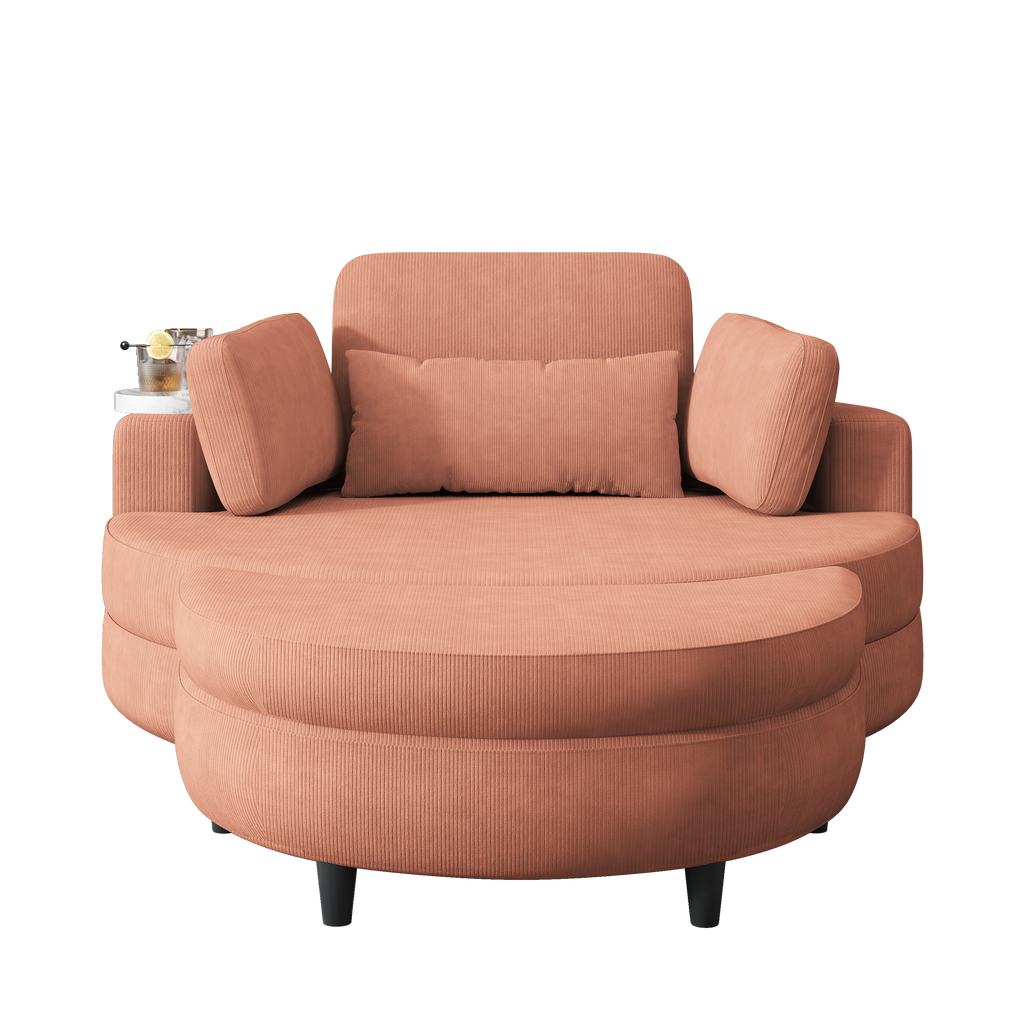 A 51-inch orange corduroy sofa with two throw pillows, a waist pillow and an extra tray is comfortable for a small apartment bedroom