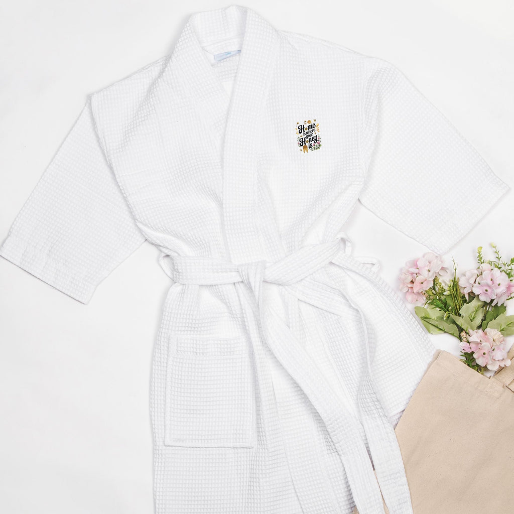 Home is Where Your Honey Is Waffle Weave Kimono Robe - Thigh Length
