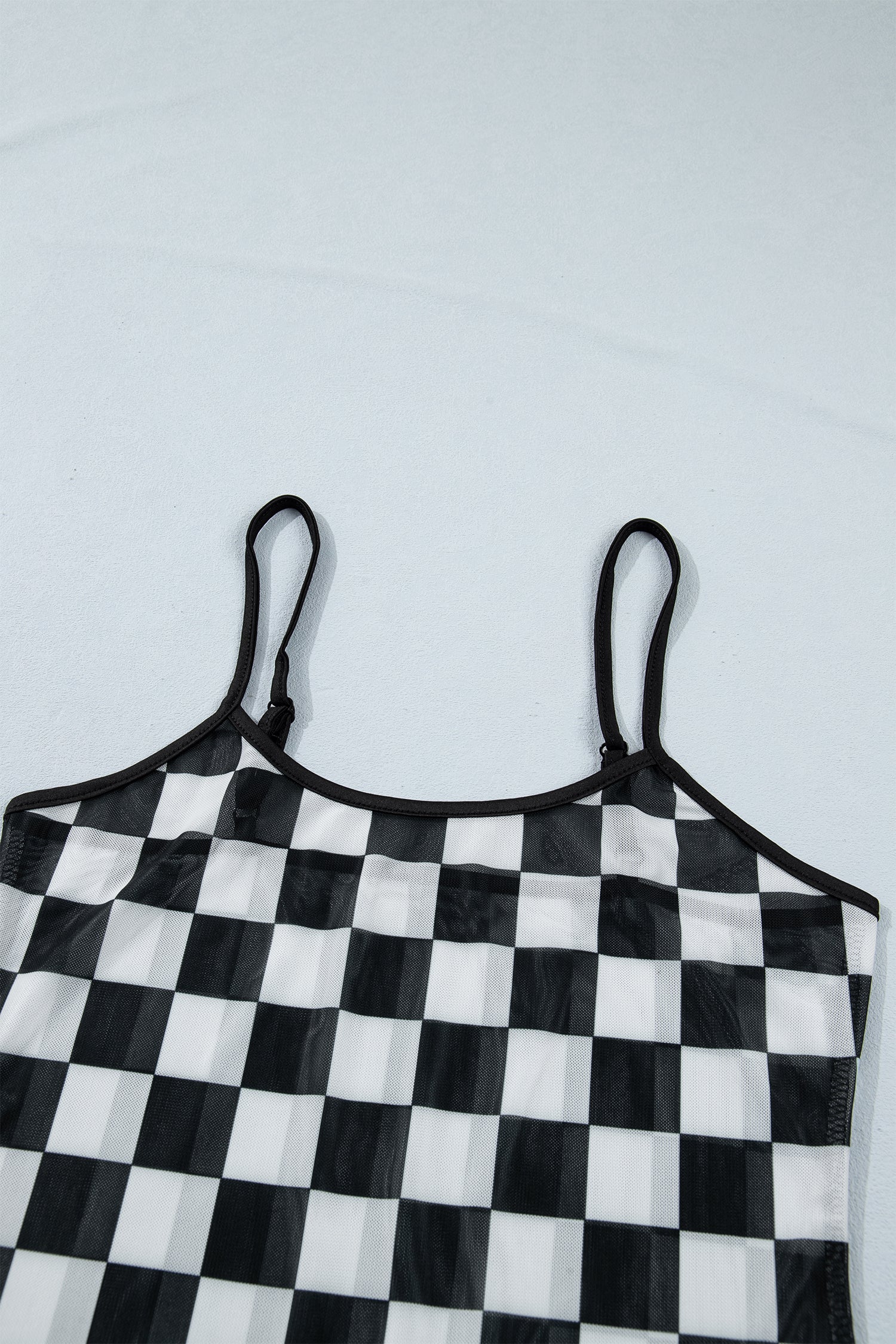 Checker Sheer Mesh Spaghetti Strap Tank Top