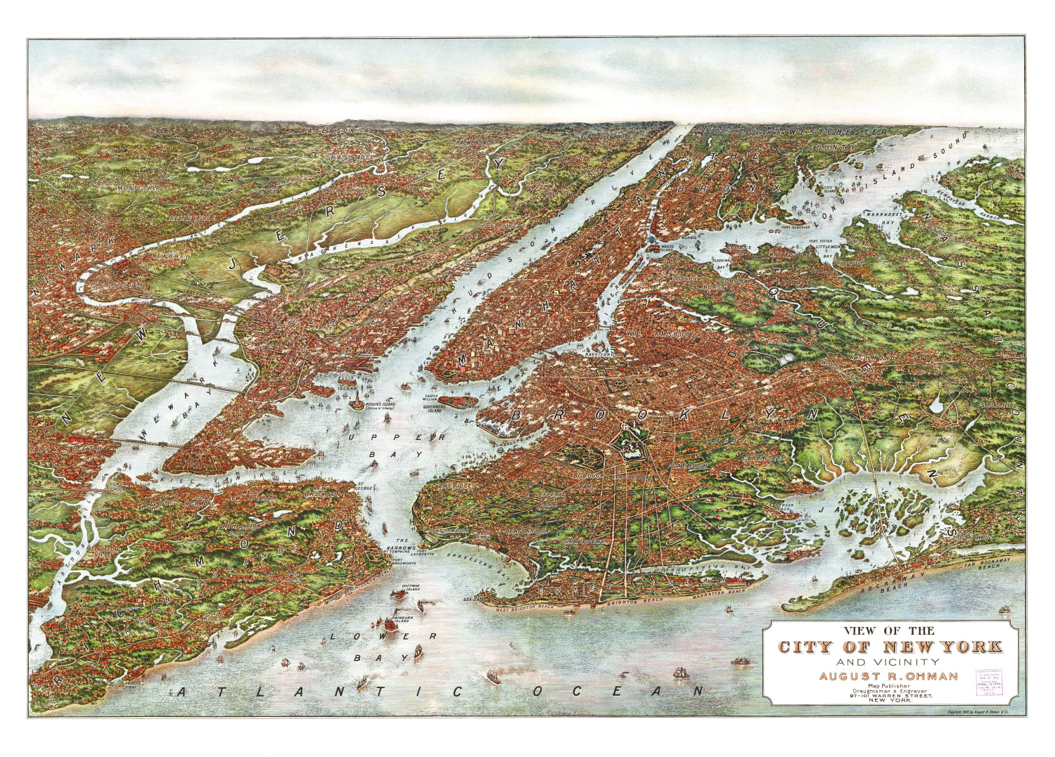 Vintage Map of New York City, New York 1907