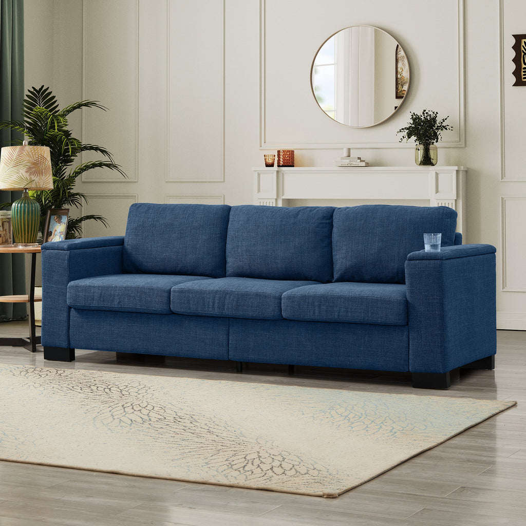 93.7' Modern Style Living Room Sofa Fabric Couch,Square Arm Sofa with Cup Holder,Storage Sofa,Upholstered Polyester Blue.