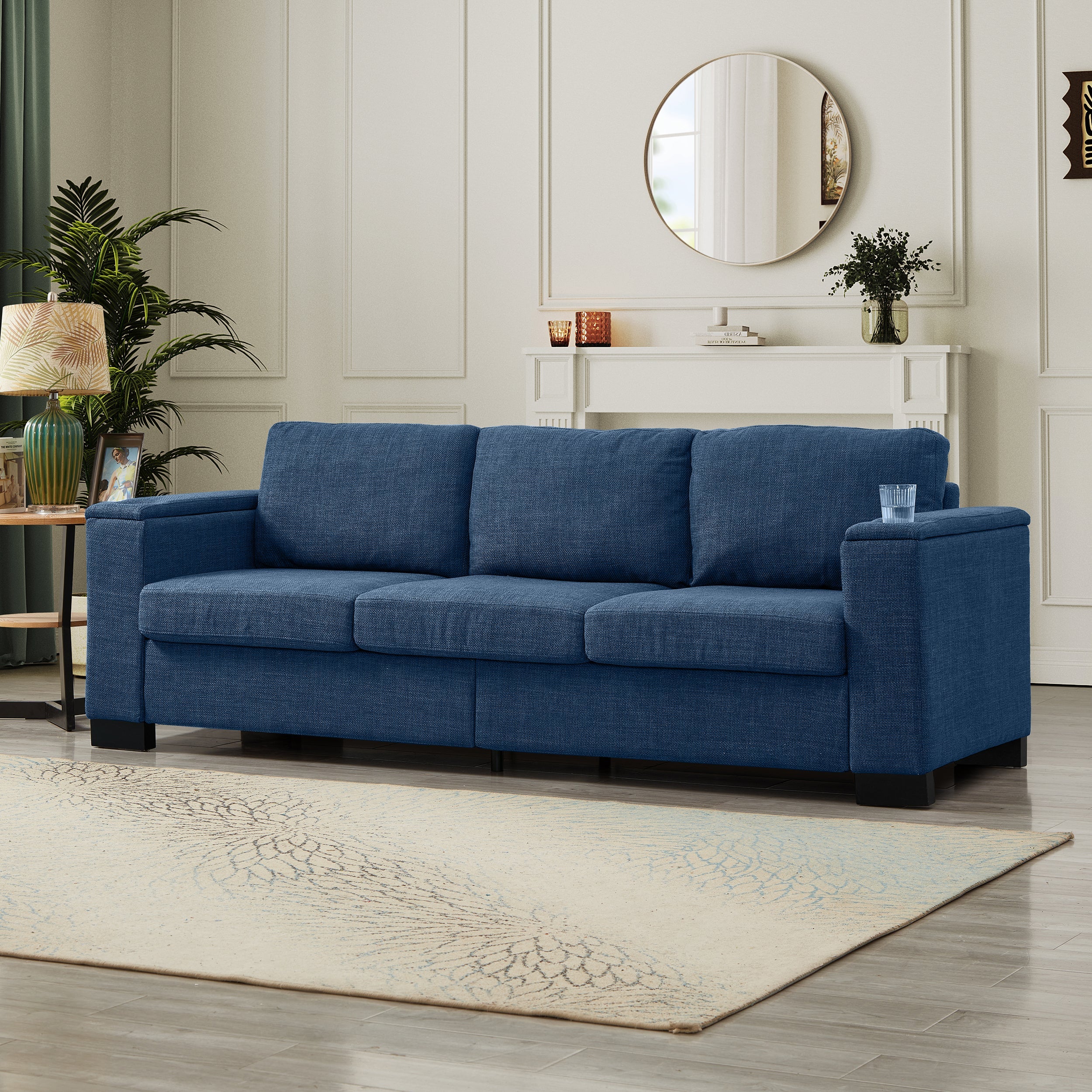 93.7' Modern Style Living Room Sofa Fabric Couch,Square Arm Sofa with Cup Holder,Storage Sofa,Upholstered Polyester Blue.