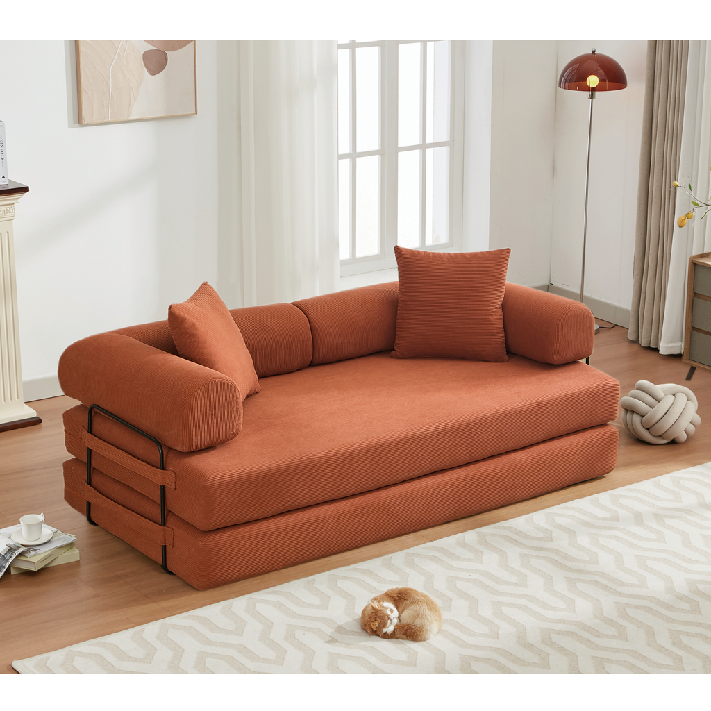 [NEW ARRIVED] [VIDEO PROVIDED] 78.5' Folding Convertible Out Sleeper Sofa Bed,4-in-1 DIY Combination Convertible Sofa, 3 seat, Folding Sleeper Sofa, King Size , Bedroom,Apartment,Corduroy,Orange