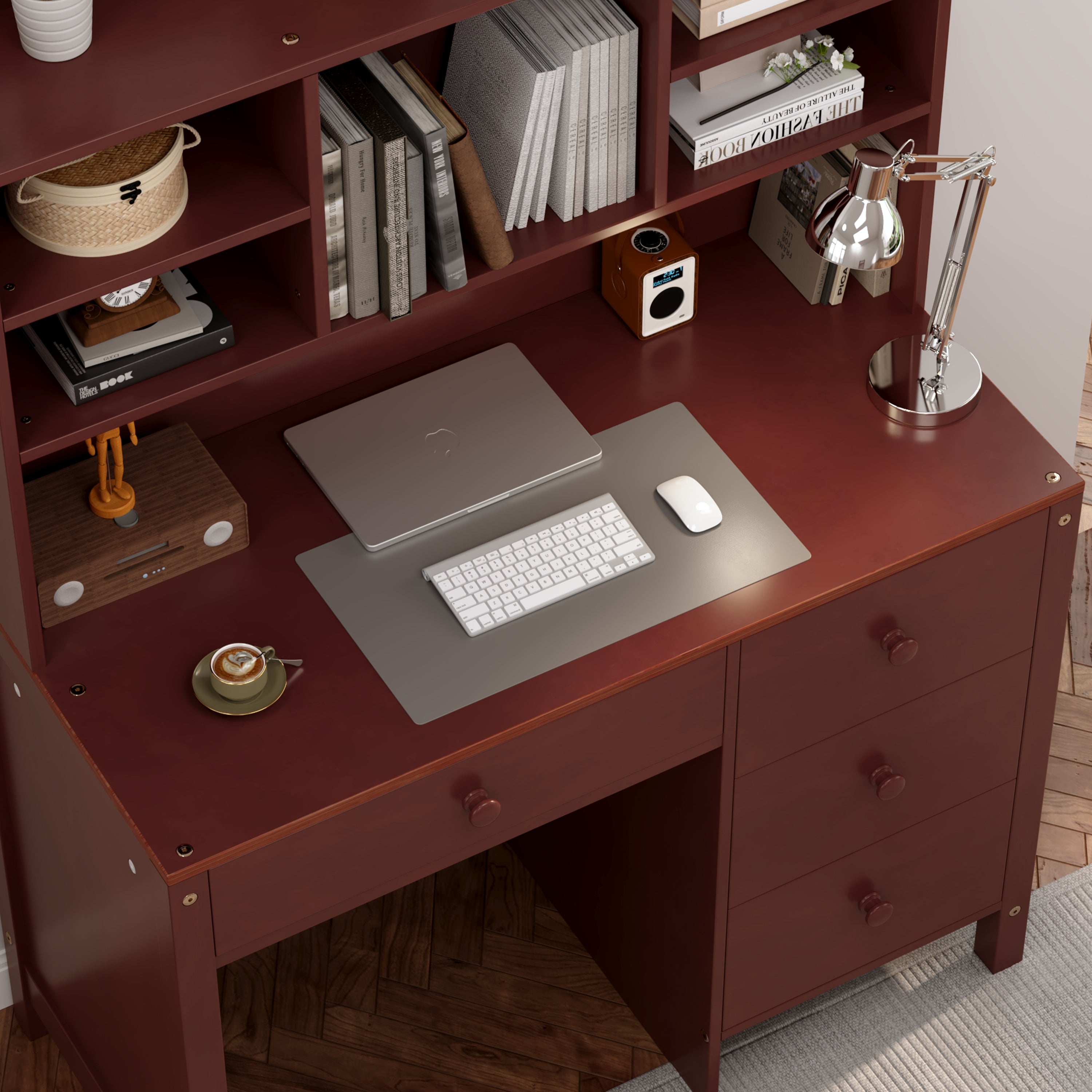 Vintage 40'' Home Executive Desk and Upholstered Chair Set with Bookshelf, Computer Desk with Four Drawers, Storage Shelf, and Chair, Ideal for Office or Study in Bedroom or Living Room, Espresso
