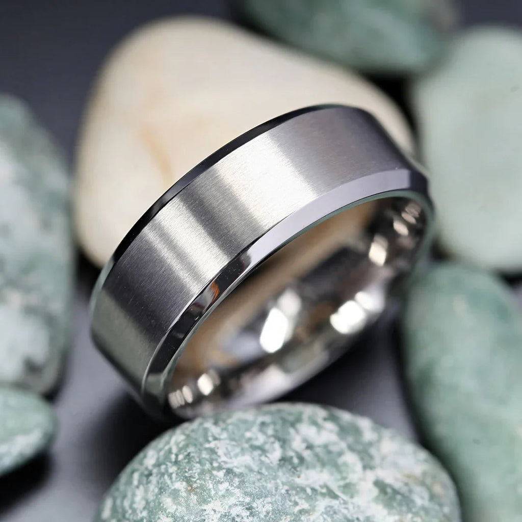 SHIRE Titanium Men’s Flat Wedding Ring, Brushed Center with Polished Beveled Edges — 6mm & 8mm
