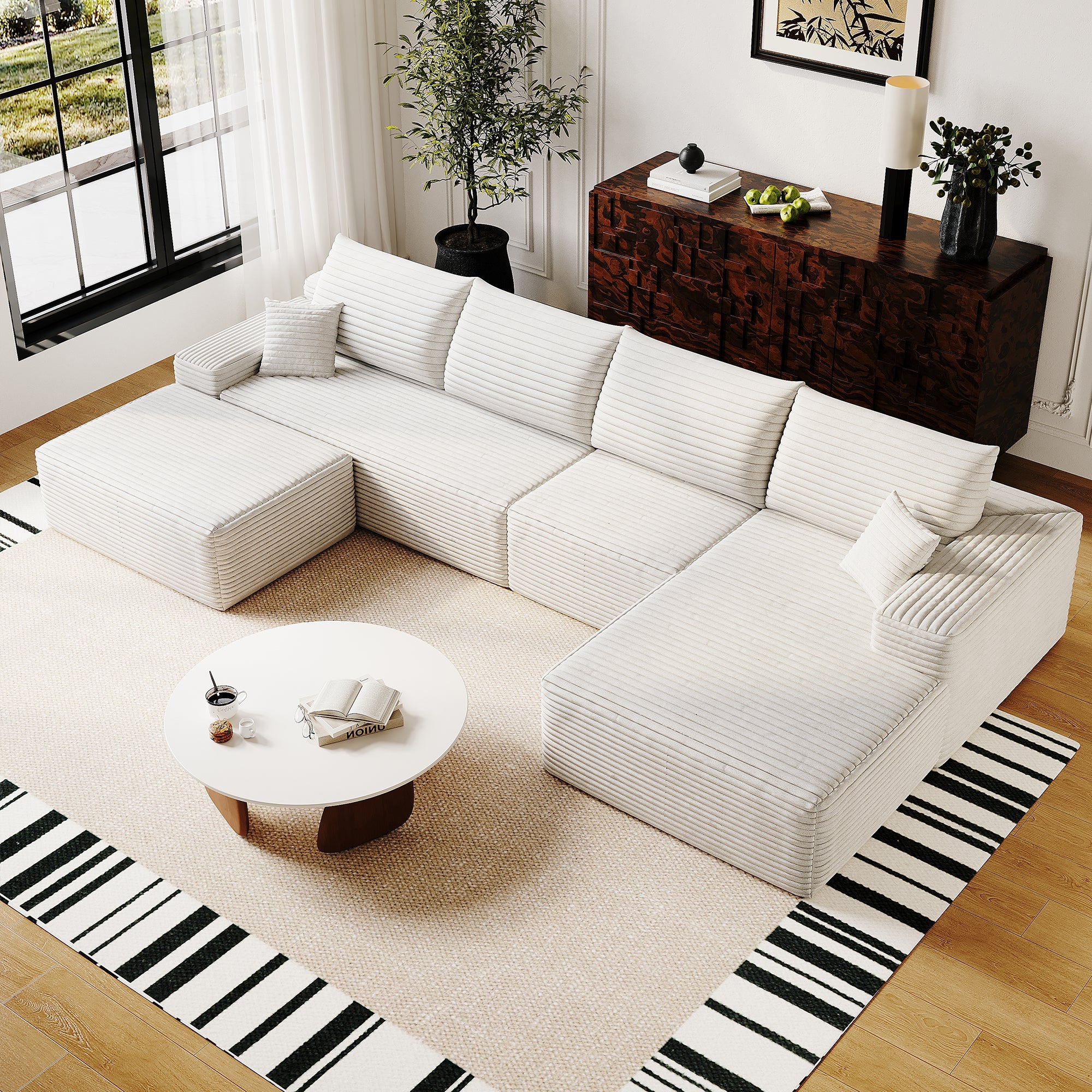 135' Cloud Sectional Sofa with 1 Ottoman,Modern Minimalist Upholstered Couches, Comfort U Shaped Sofa for Living Room,Deep Seat Corner Couch,No Assembly Required (Plush Corduroy Fabric),White