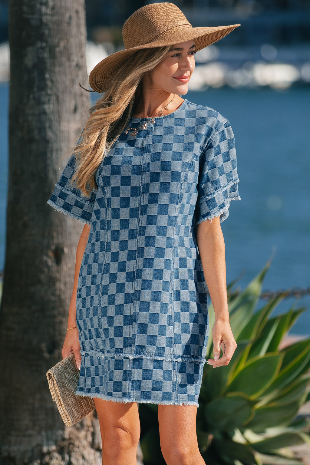 Checker Denim Frayed Hem Mini Dress