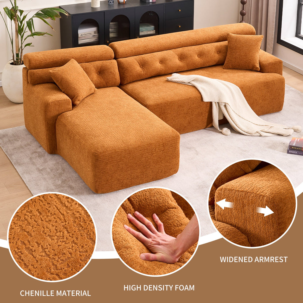 LY-029B Convertible Chaise Sectional Sofa, Full Compression Sponge Modular Couch for Apartment Living Room,Orange 3-Seater with Wood Grain Chenille, 2 Pillows Included, 86'L