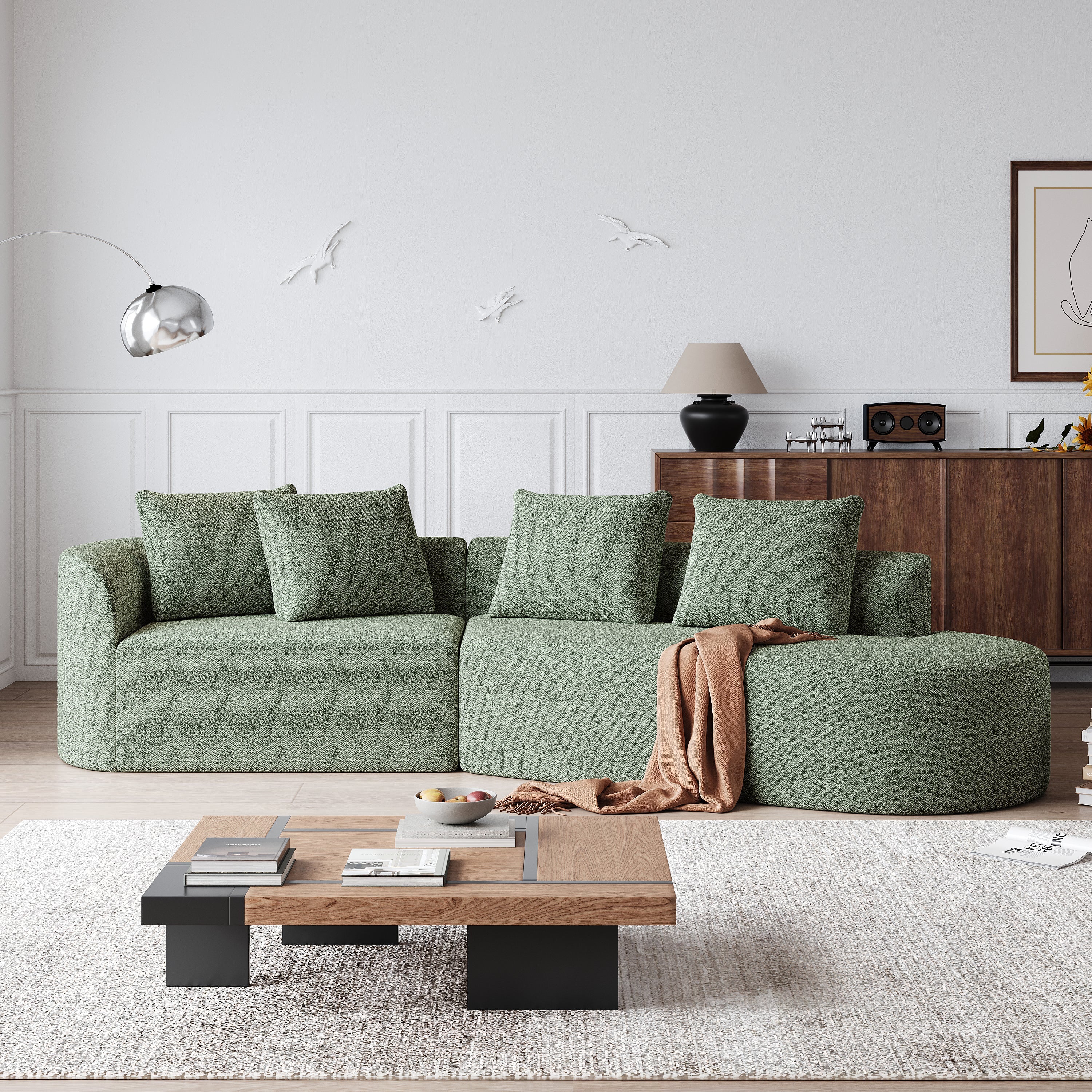 Modern Upholstered Oversized Sectional Sofa, 112-Inch Chenille 4-Seater Extra Deep & Wide Seat Curved Cloud Couch with 4 Throw Pillows, Free Combination Sofa Couch for Living Room,Bedroom