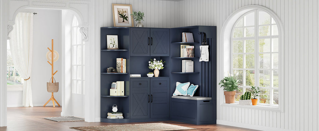 Multifunctional left-right combination hall cabinet (can be used separately) with storage and 4 hooks, storage cabinet/ hall tree 2 in 1 for living room, kitchen and hallway, antique blue