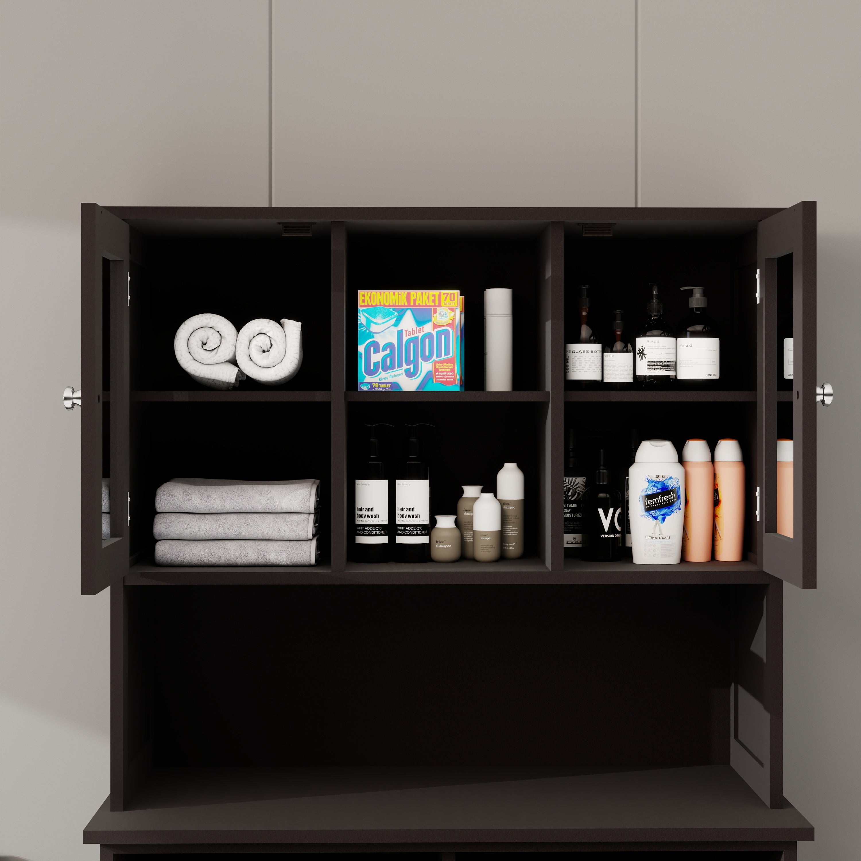 Two-Compartment Tilt-Out Dirty Laundry Basket Tall Bathroom Cabinet with 2 Adjustable Shelves-Black