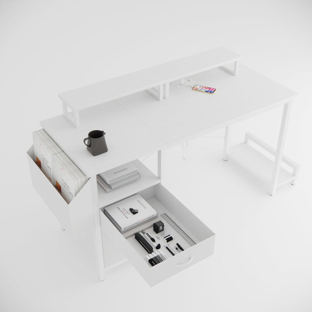 47.3'office desk with power outlet,2 Monitor Stands,2 drawers,Side Pocket,Easy to Assemble,Frame stability Reversible,use for home desk, computer desk, game table,White