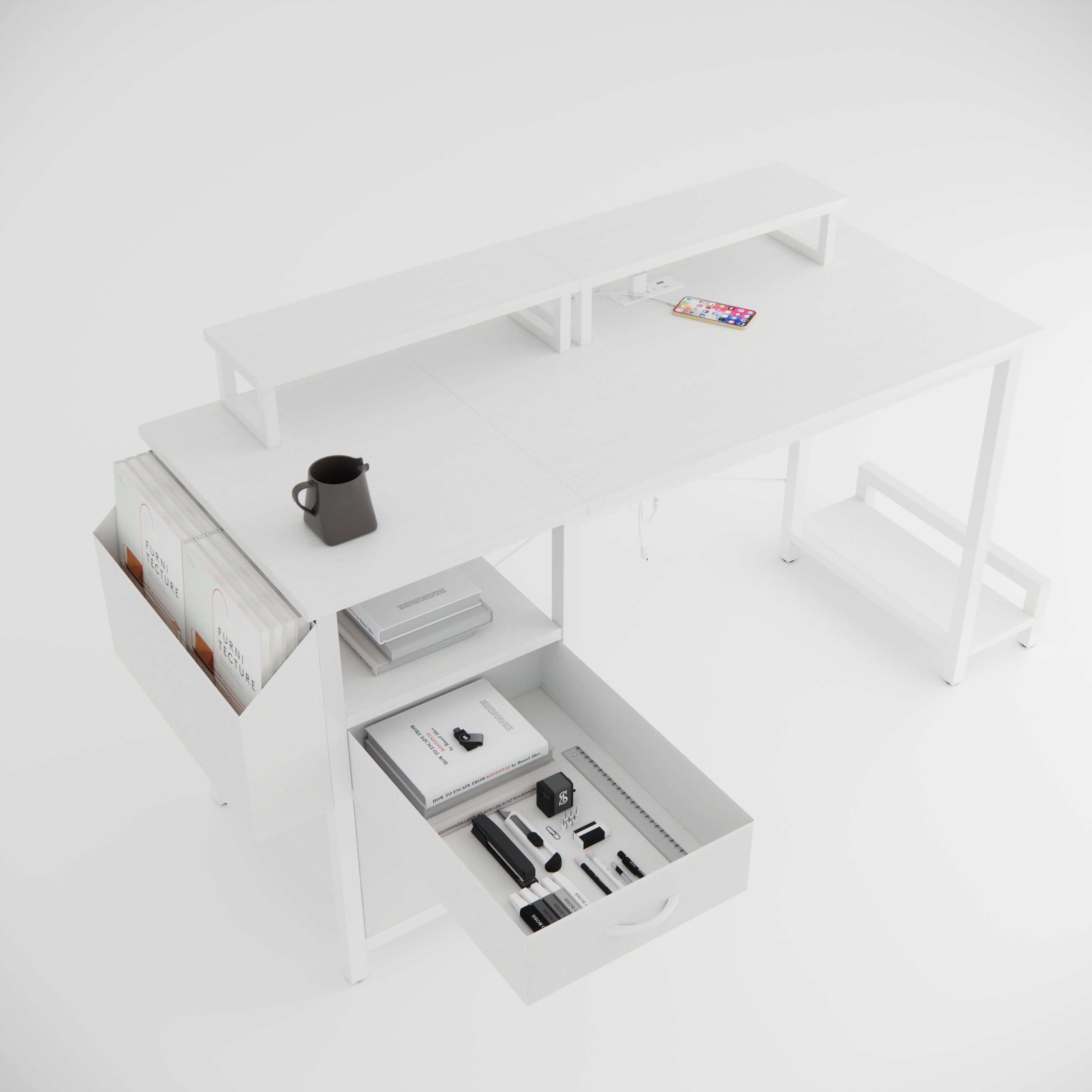 47.3'office desk with power outlet,2 Monitor Stands,2 drawers,Side Pocket,Easy to Assemble,Frame stability Reversible,use for home desk, computer desk, game table,White