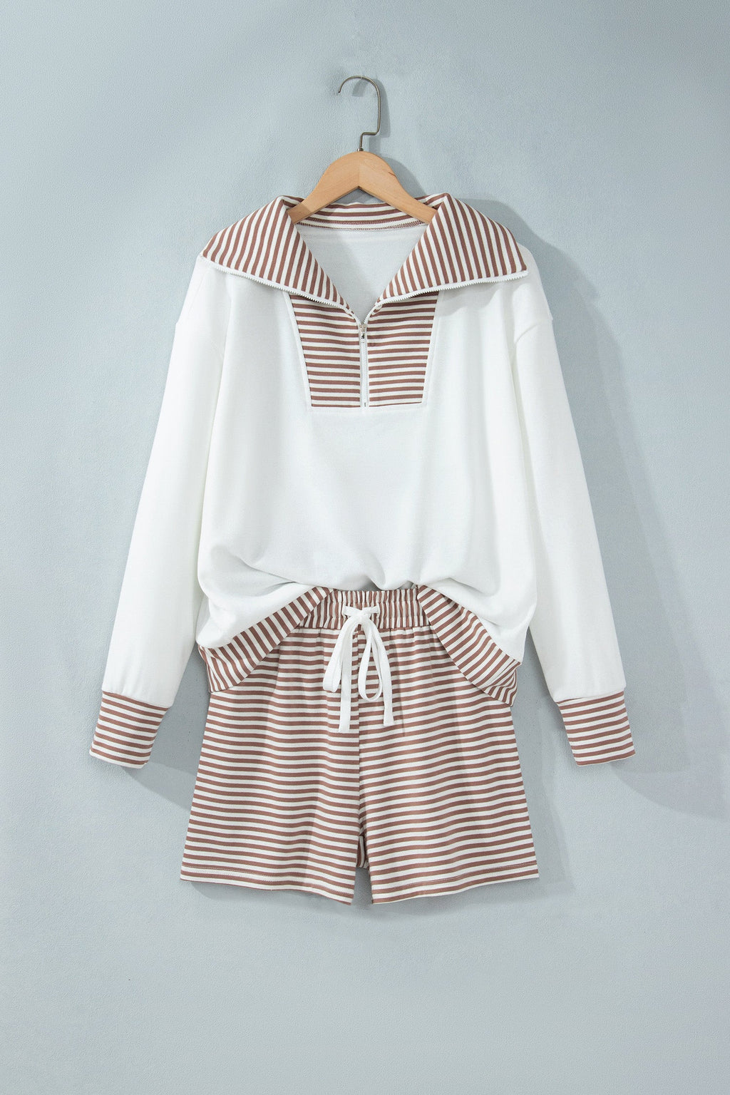 Stripe Patchwork Long Sleeve Top & Shorts Set