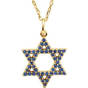 14K Yellow Gold Natural Blue Sapphire Star of David 16" Necklace