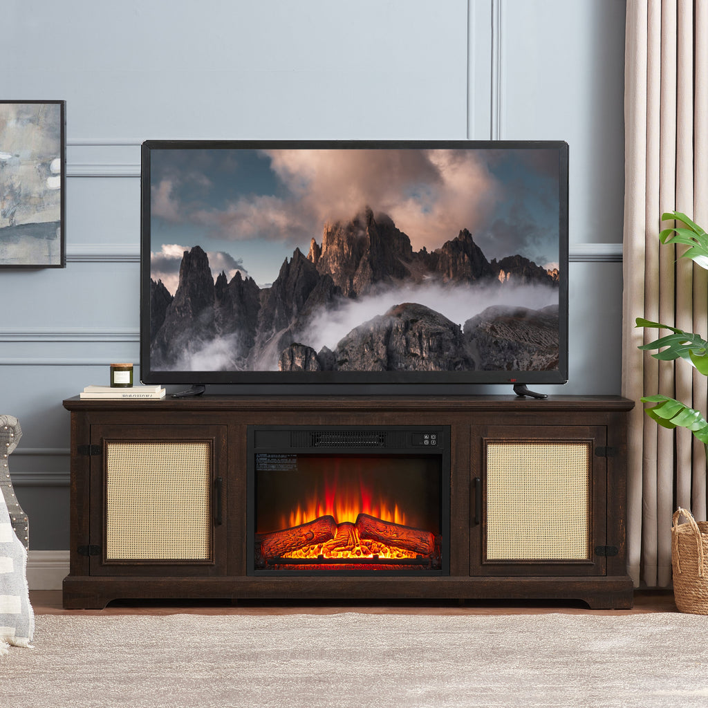 Natural Rattan Door Cabinet with Adjustable Shelf Wood, Farmhouse Rattan TV Stand Console Table for TVs up to 70 Inches, Storage tv stand with 23' fireplace insert, 65'W*15.55'D*23.86'H, Espresso