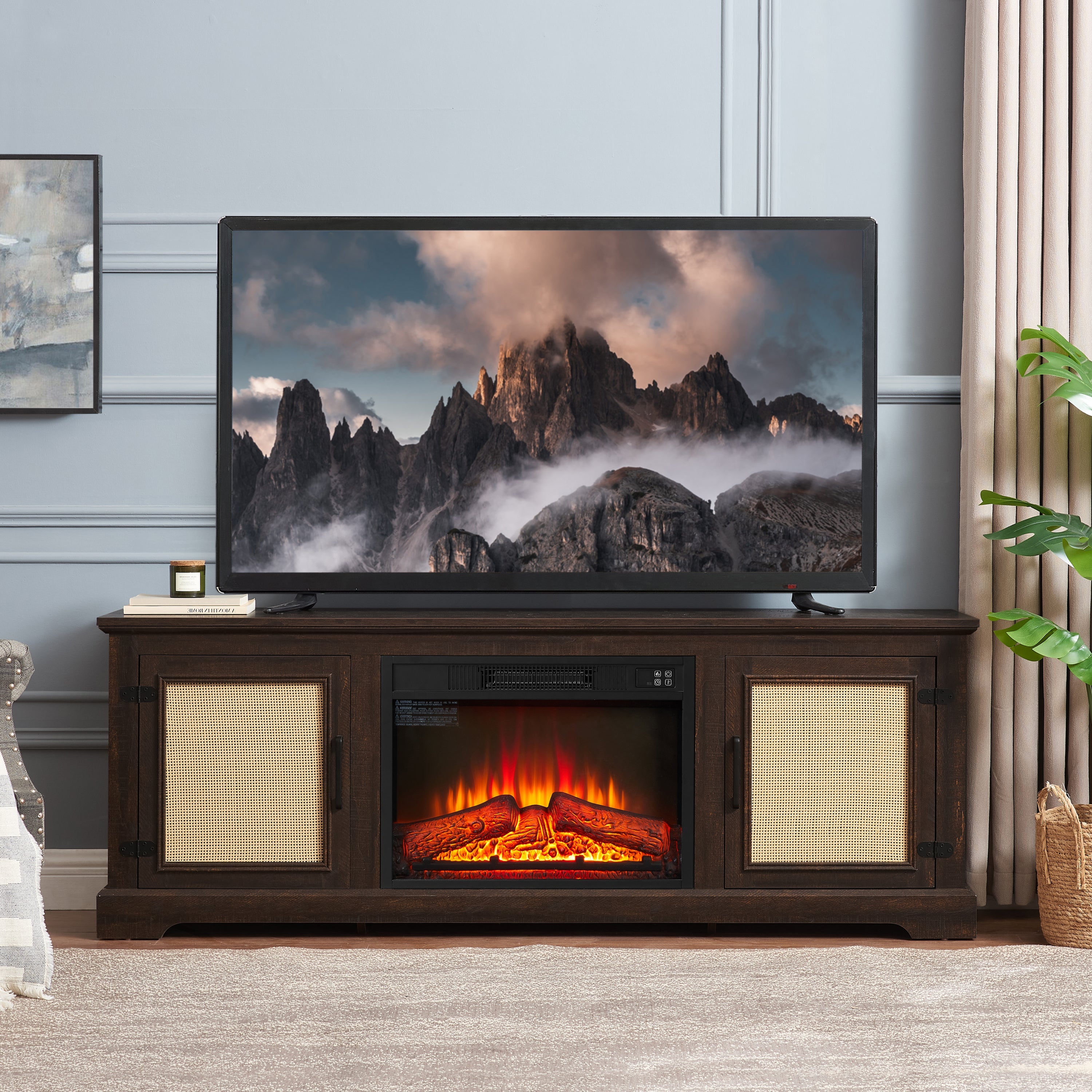 Natural Rattan Door Cabinet with Adjustable Shelf Wood, Farmhouse Rattan TV Stand Console Table for TVs up to 70 Inches, Storage tv stand with 23' fireplace insert, 65'W*15.55'D*23.86'H, Espresso