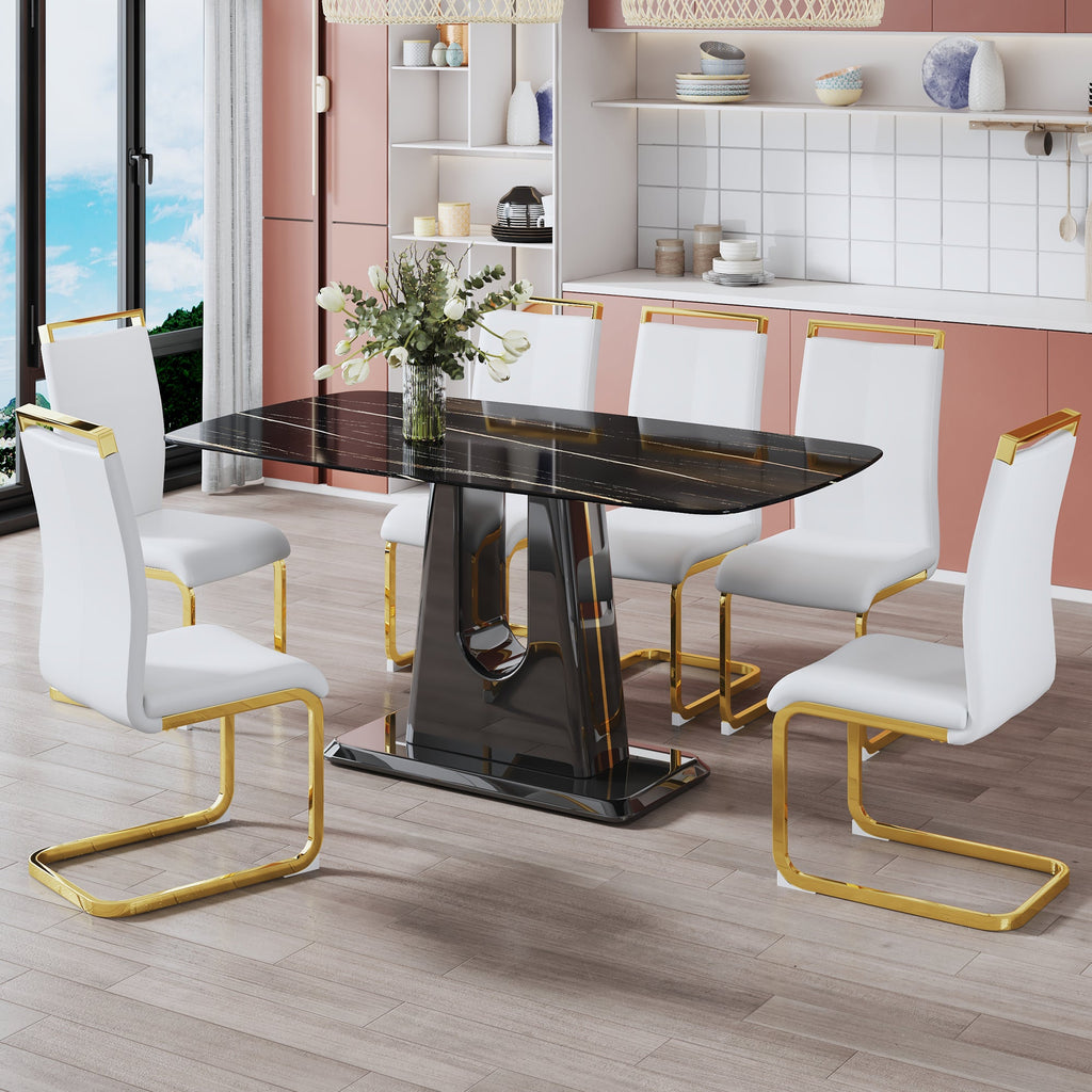 A modern, minimalist, and luxurious table. A black imitation marble tabletop with MDF U-shaped legs. Dining table, computer table. For restaurants and living rooms 63' * 35.4'* 30' F-U