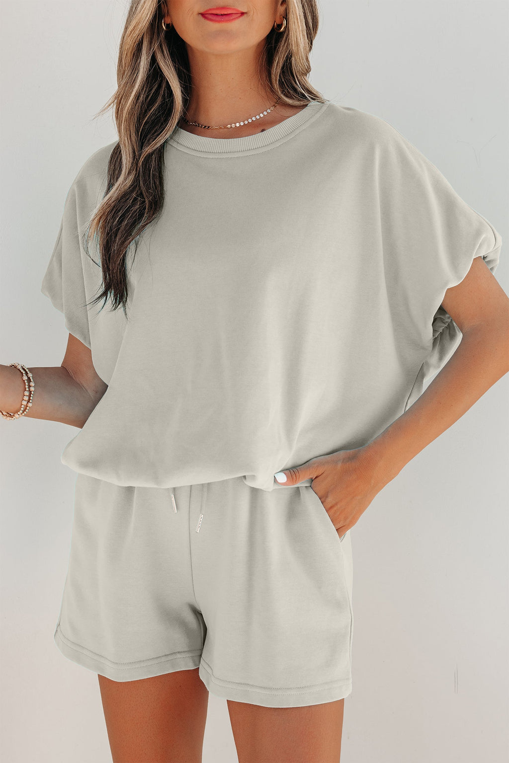 Solid Puff Sleeve Top & Drawstring Shorts Set