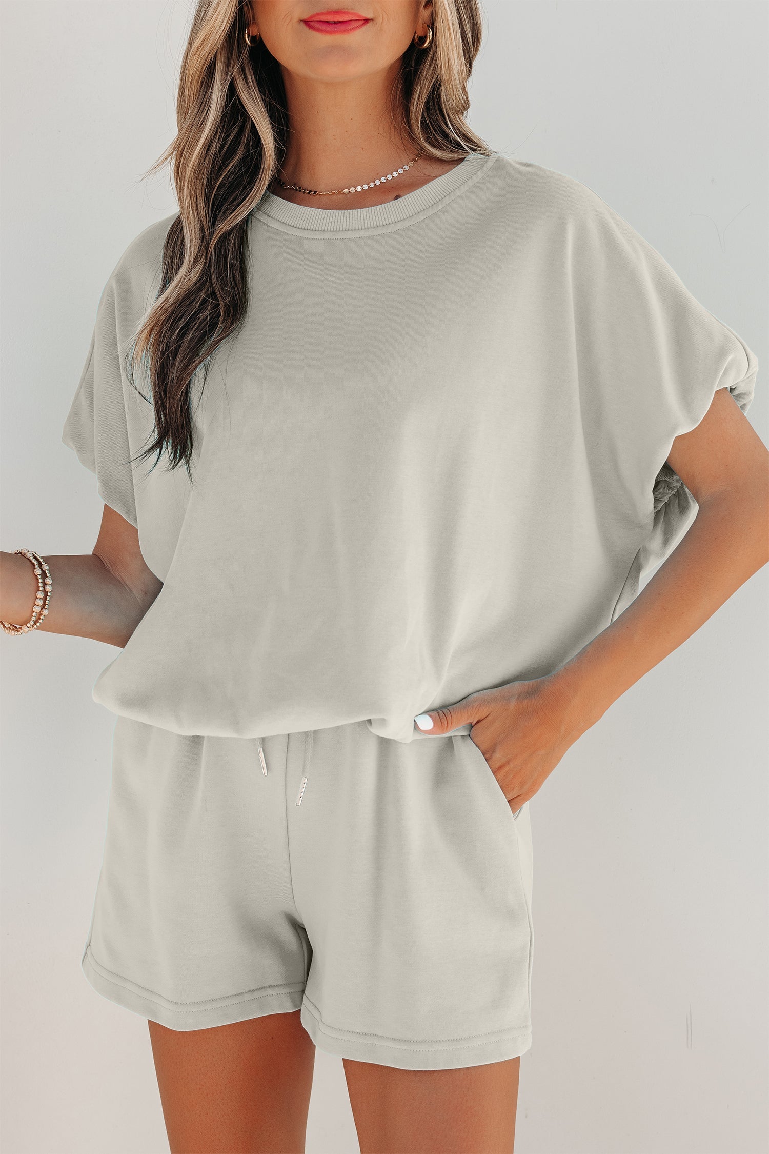 Solid Puff Sleeve Top & Drawstring Shorts Set