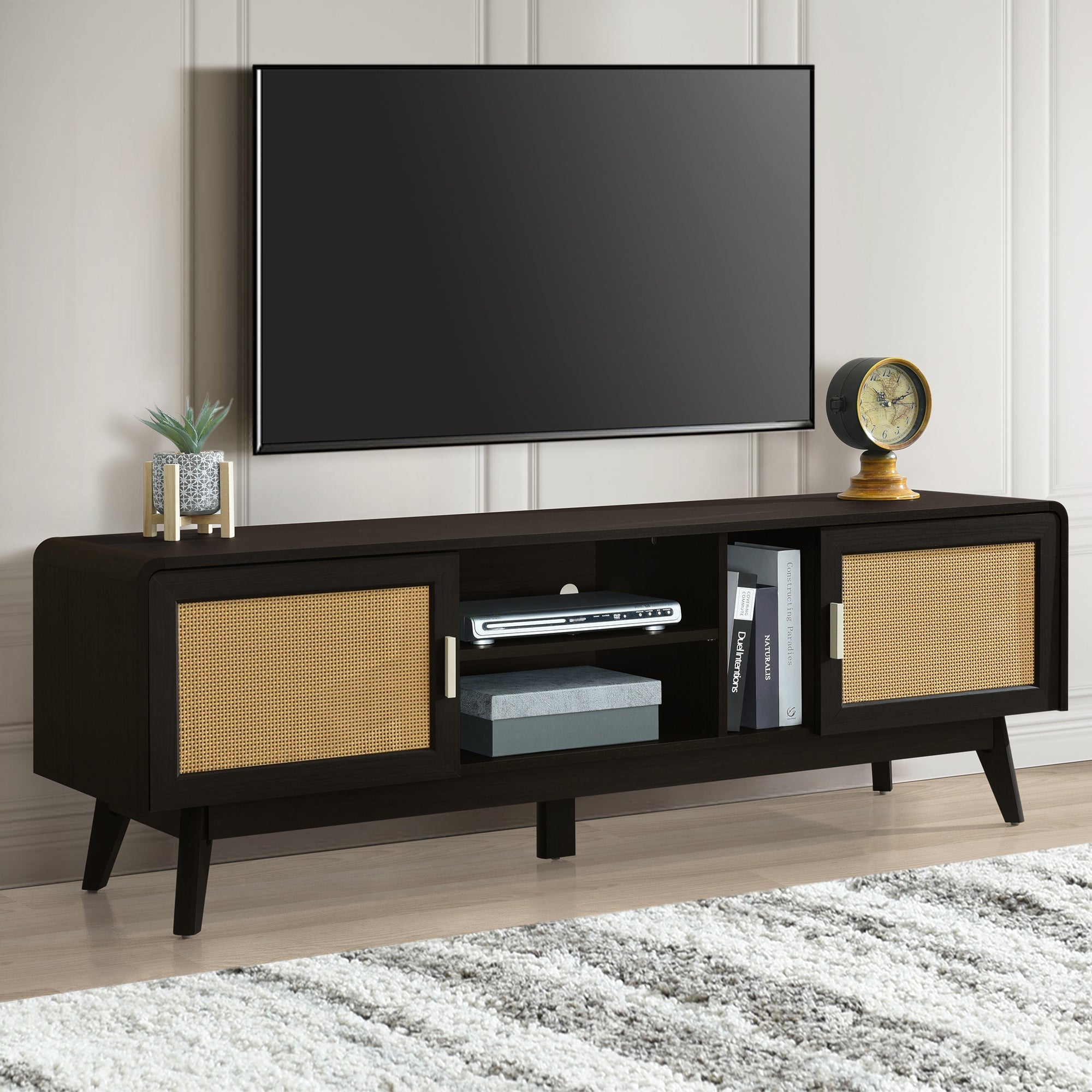 63'' Dark Rattan TV Stand with 2 Storage Cabinets for 65 Inch TV, Entertainment Center with Solid Wood Legs, Media Console Table for Living Room, Bedroom