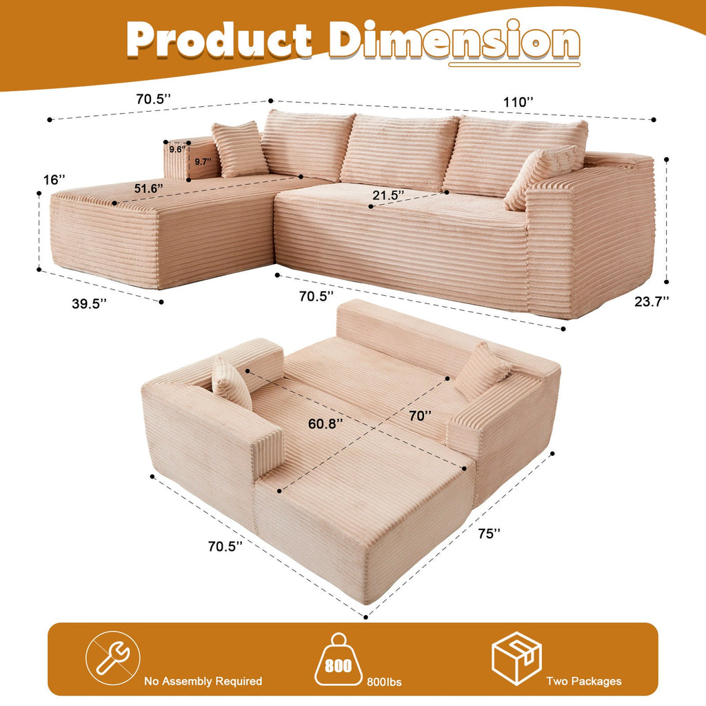 Compression Sectional Couch with Comfy Chaise, Boneless L Shape Sofa with Deep Seat, Minimalist Modular Couches Sleeper for Living Room Bedroom Apartment Lounge,corduroy,Beige