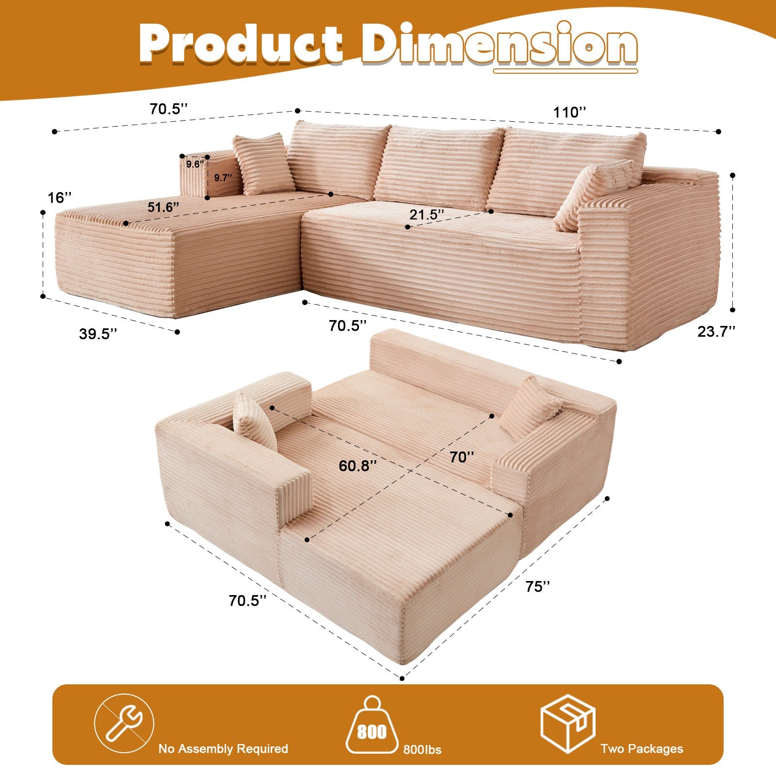 Compression Sectional Couch with Comfy Chaise, Boneless L Shape Sofa with Deep Seat, Minimalist Modular Couches Sleeper for Living Room Bedroom Apartment Lounge,corduroy,Beige