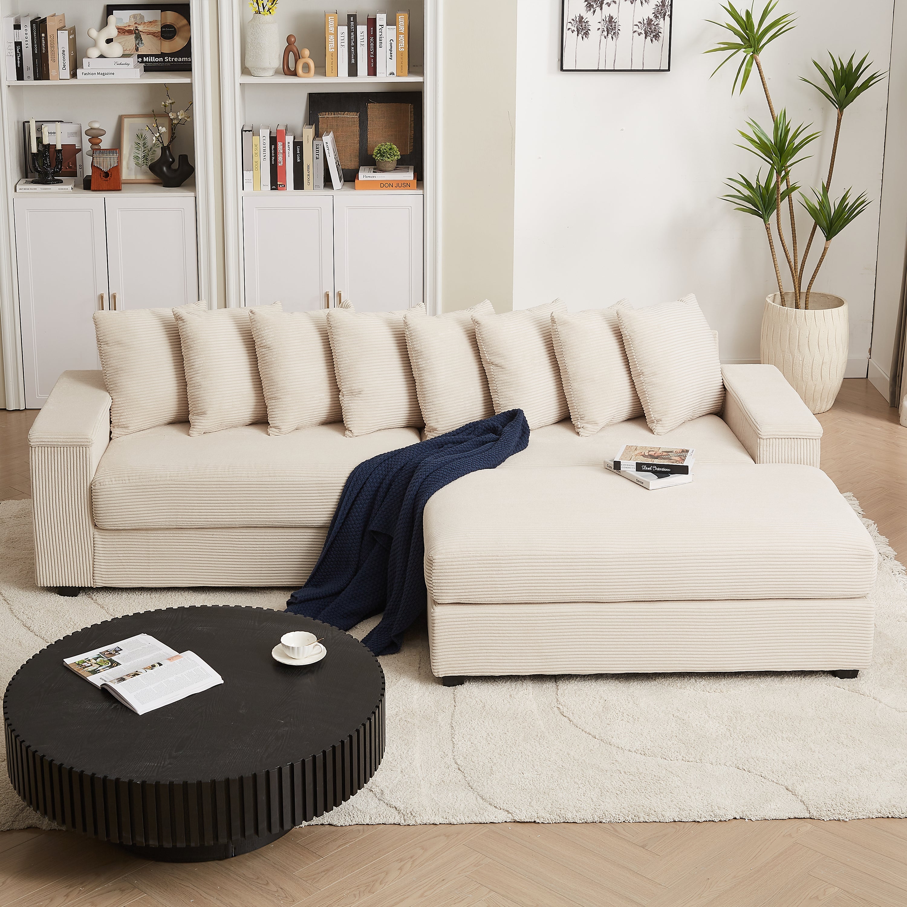 Luxe Oversized L Shaped Sofa with Chaise,Comfy Corduroy L Shaped Sectional Couches with 8 Pillows and Two Armrest storage space,Soft Fluffy Upholstered Sofa Bed for Living Room Apartment Bedroom