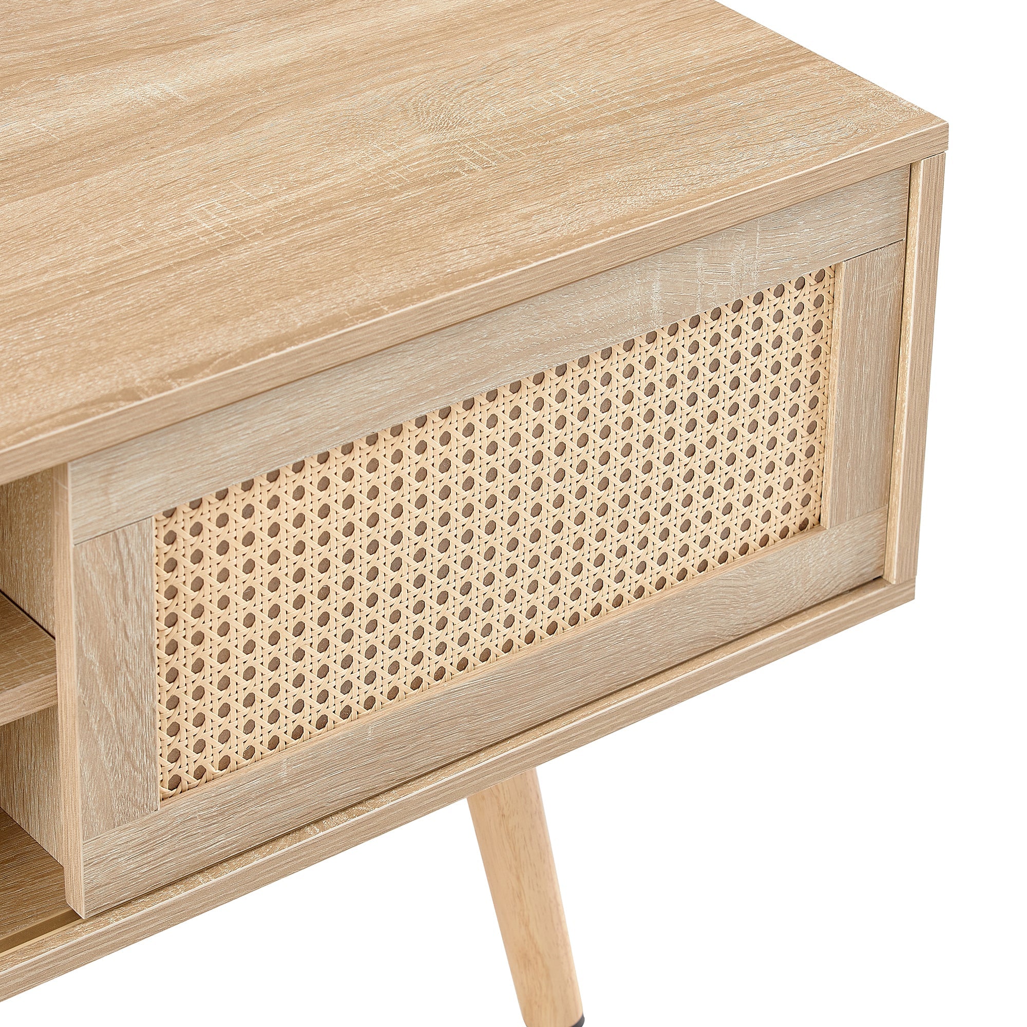 Natural Rattan TV Cabinet with Double Sliding Doors, Adjustable Shelf, Solid Wood Legs, 55.12 Inches