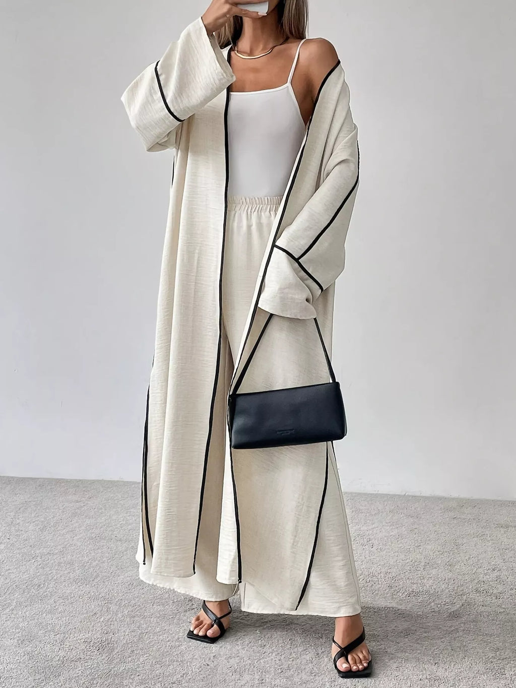 Contrast Trim Cardigan And Pants Set Two Piece Polyester Imported