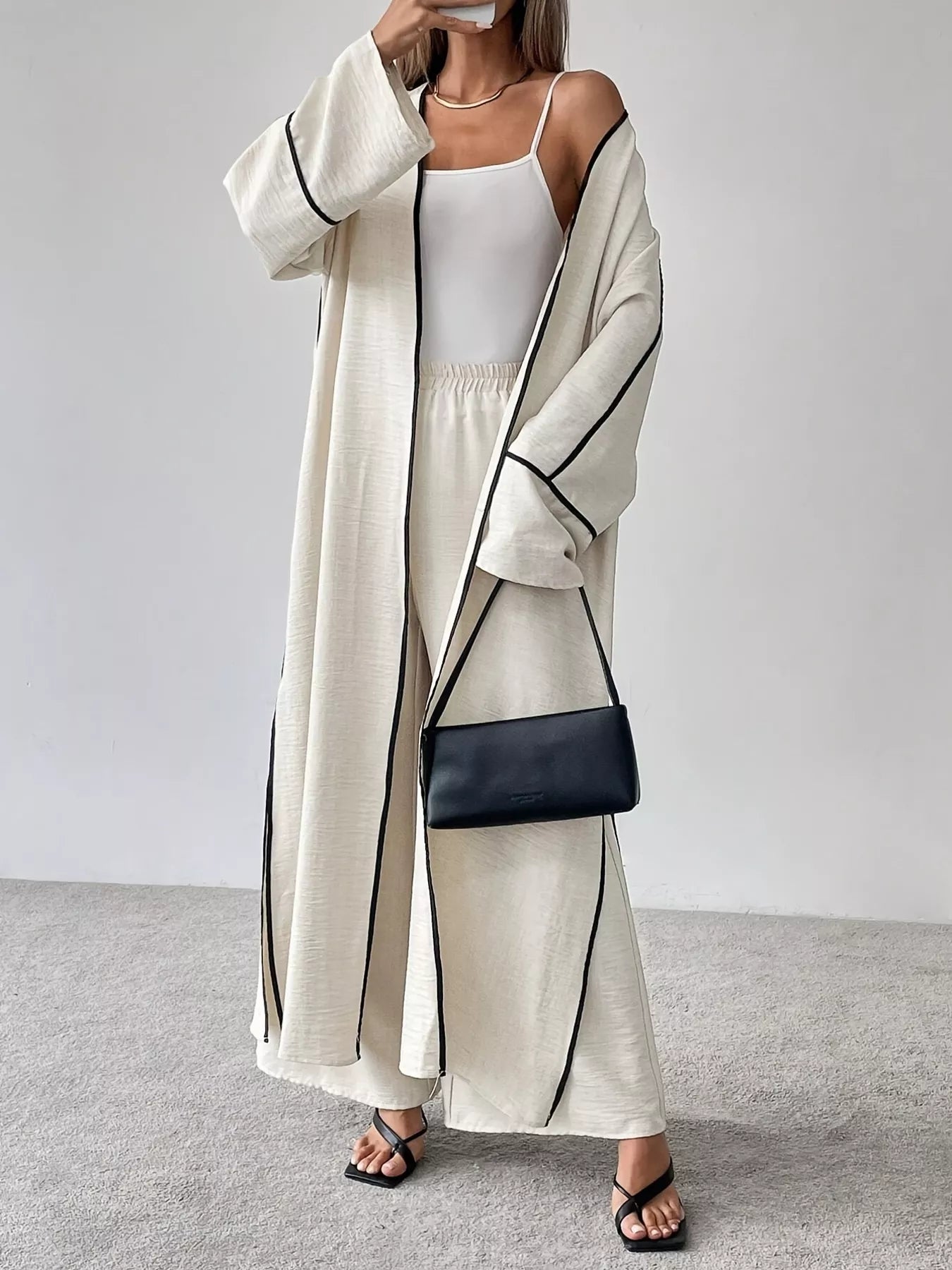 Contrast Trim Cardigan And Pants Set Two Piece Polyester Imported