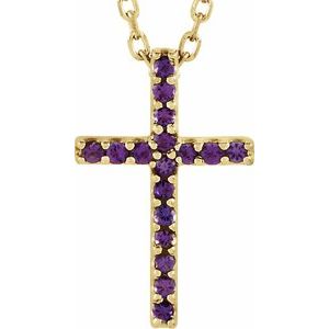14K Yellow Gold Natural Amethyst Petite Cross 16" Necklace