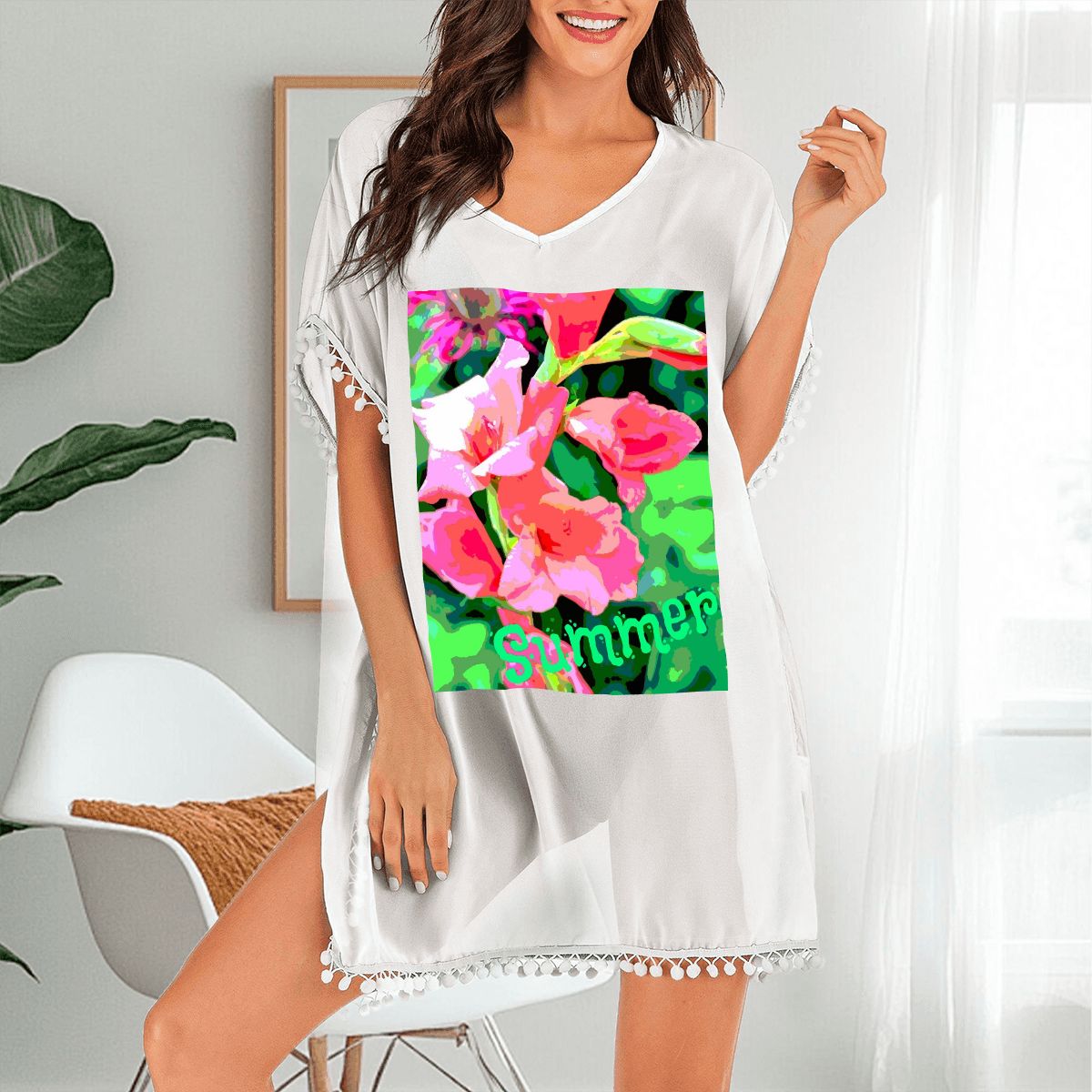 Women's Pink Gladiolas Summer Design Chiffon Beach Coverup (Made in USA)