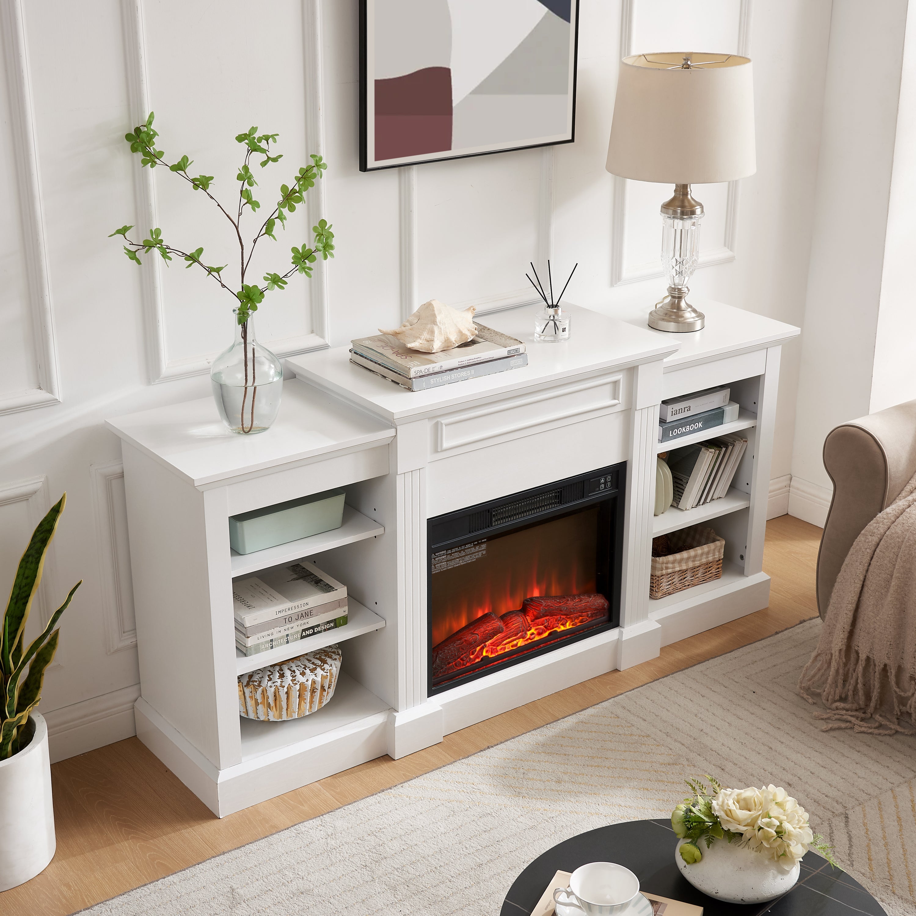 Media Console Table with Large Storage Cabinet, with 23' Fireplace Insert, for TV Up to 70'', Modern TV Media Entertaionment Stand, White, 65.75'W*17'D*32.48'H
