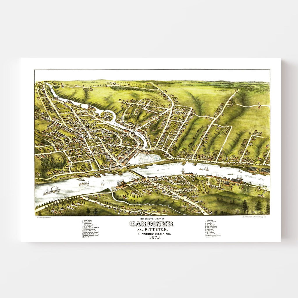 Vintage Map of Gardiner & Pittston, Maine 1878