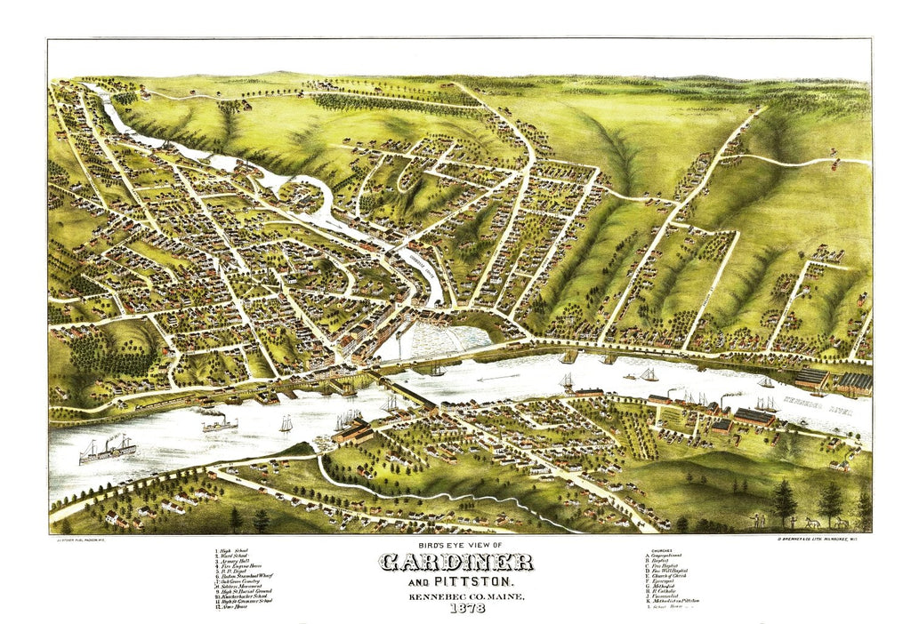 Vintage Map of Gardiner & Pittston, Maine 1878