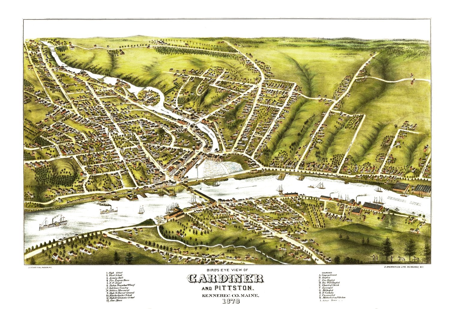 Vintage Map of Gardiner & Pittston, Maine 1878