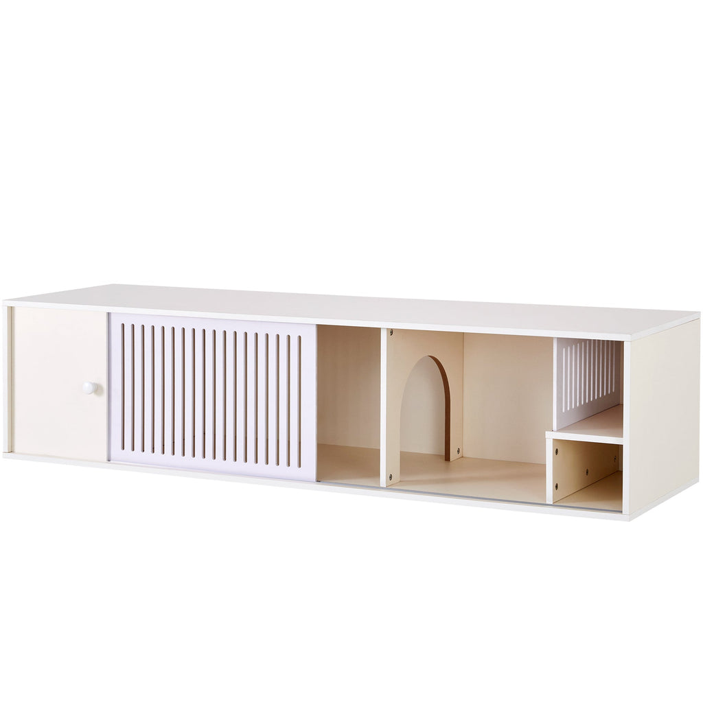 Modern Cream White TV Stand with Storage, Cat Litter Box Enclosure with Removable Sliding Door