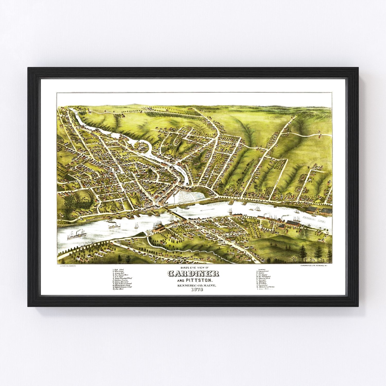 Vintage Map of Gardiner & Pittston, Maine 1878