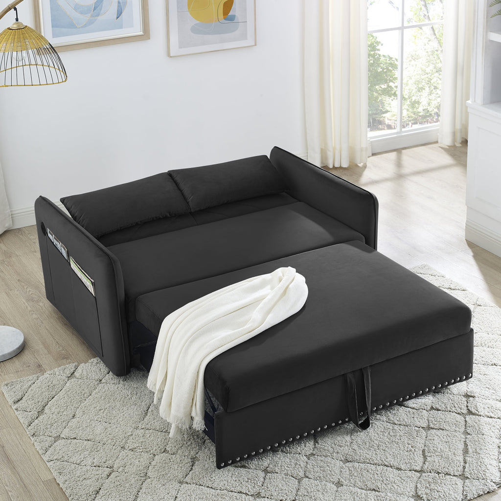 MH' Sleeper Sofa Bed w/USB Port, 3-in-1 adjustable sleeper with pull-out bed, 2 lumbar pillows and side pocket, soft velvet convertible sleeper sofa bed, suitable for living room bedroom