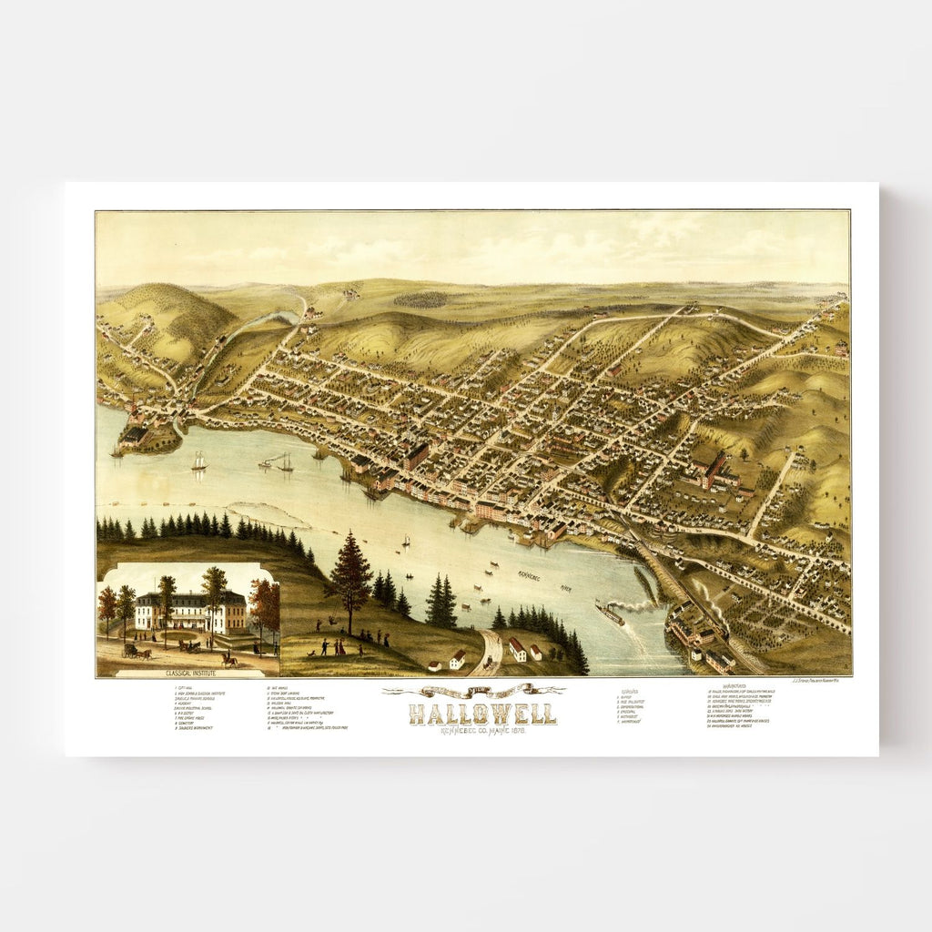 Vintage Map of Hallowell, Maine 1878
